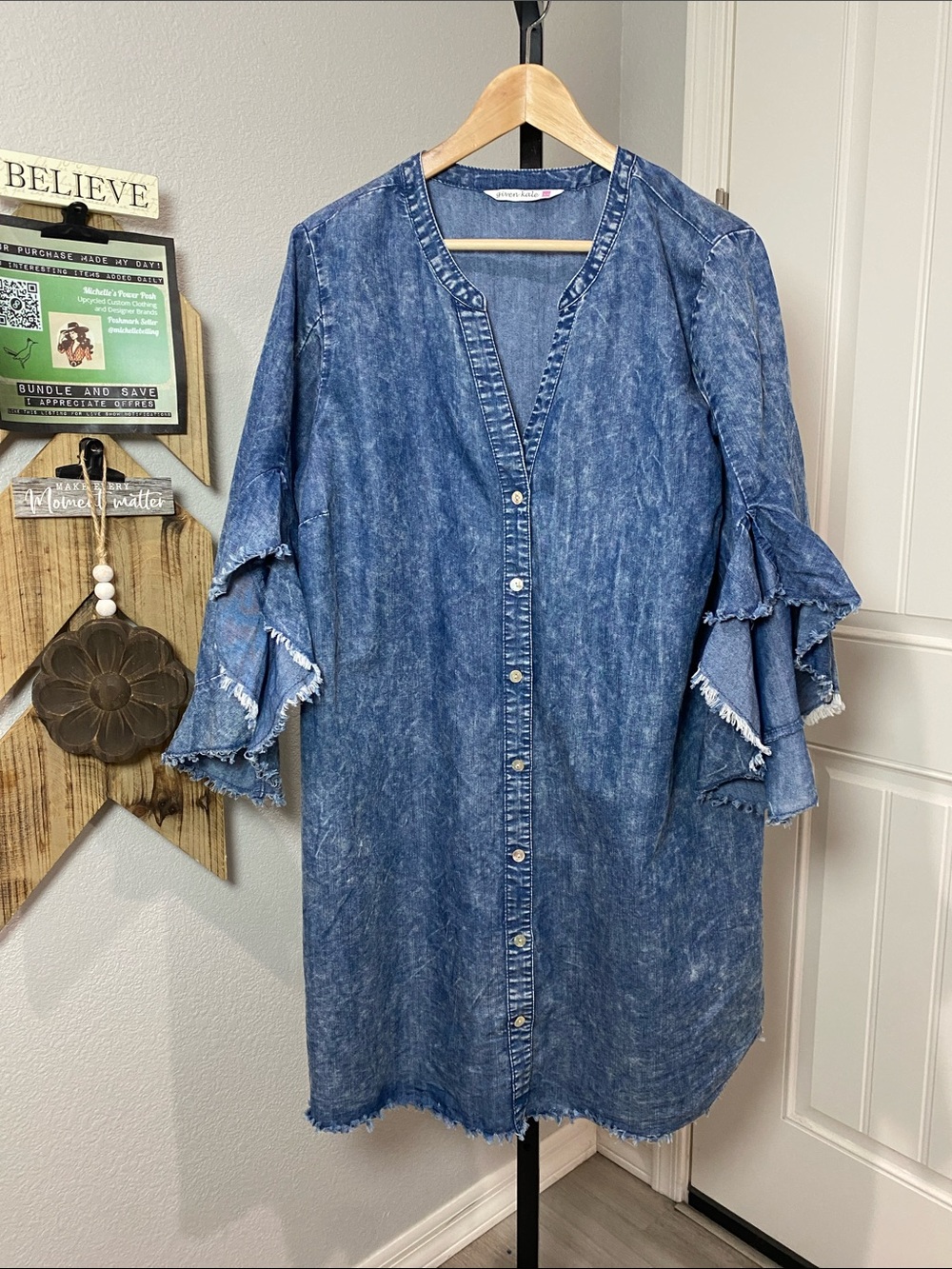 Acid-Wash Denim Button-Front Tunic with Ruffle Sleeves